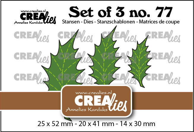 Set of 3 no. 77, Blaadjes 22 Dichte Hulstblaadjes met stiklijn
